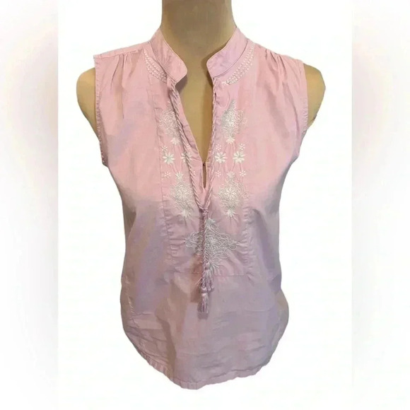 J. Crew Womens Blouse Size 2 Pink Tassel Tie V Neck Embroidered Tank Top In EUC. - Picture 4 of 9